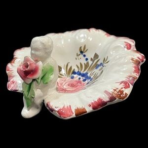Vintage 1950s Italian Cherub Applied Flower Painted Small Dish Capodimonte Style